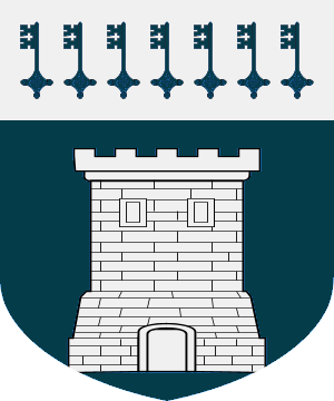 Heraldry for Schola as a whole: a white tower on a deep blue-green ground, with seven green keys on a white ground along the top. 