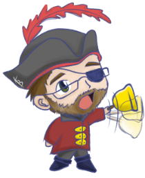 Chibi Dimitris swinging a yellow bell, dressed in a pirate costume.