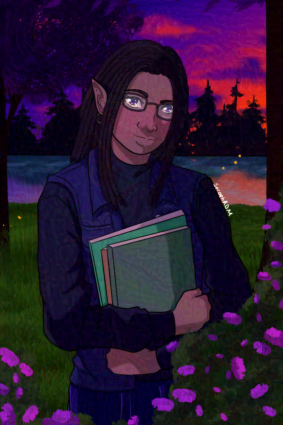A drawing of a black female elf with her hair in braids. She is wearing a pair of purple framed glasses, a denim vest over top of a sweater. In front of her are some bushes with flowers. Behind her are some trees, a lake, and it is sunset in the picture