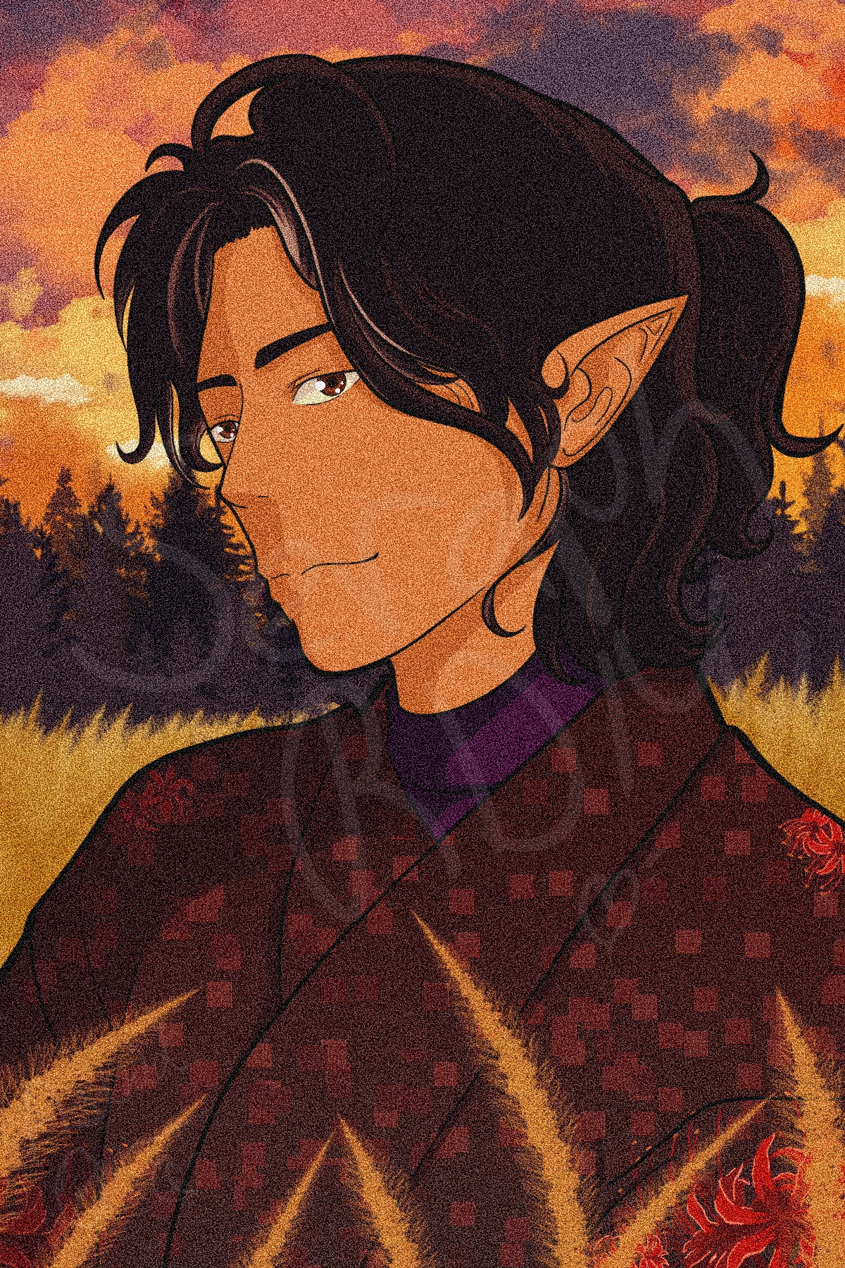Drawing of a portrait of Seri, who is an elf with deep fawn skin, golden brown eyes, and he has pointed ears. He is wearing a red kimono with red spider lilies, and he also is wearing a purple turtleneck underneath