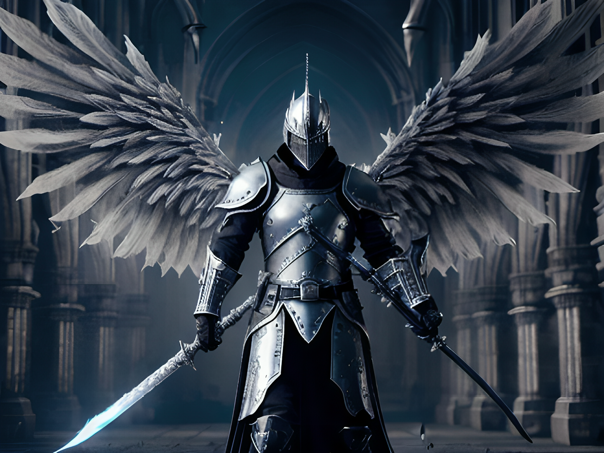 A tall figure in silver full body armour and with angelic wings stands in a cathedral.