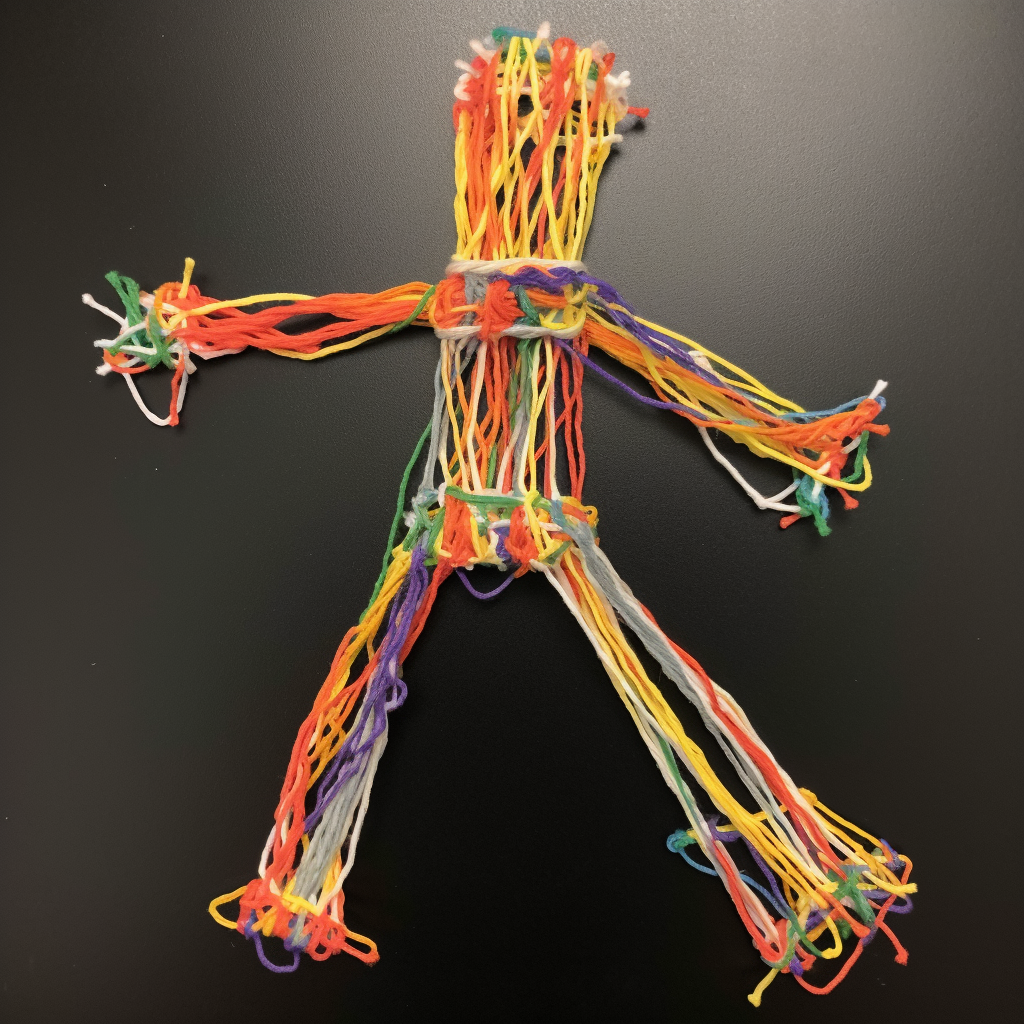 A poorly-made doll constructed out of many colorful strings.