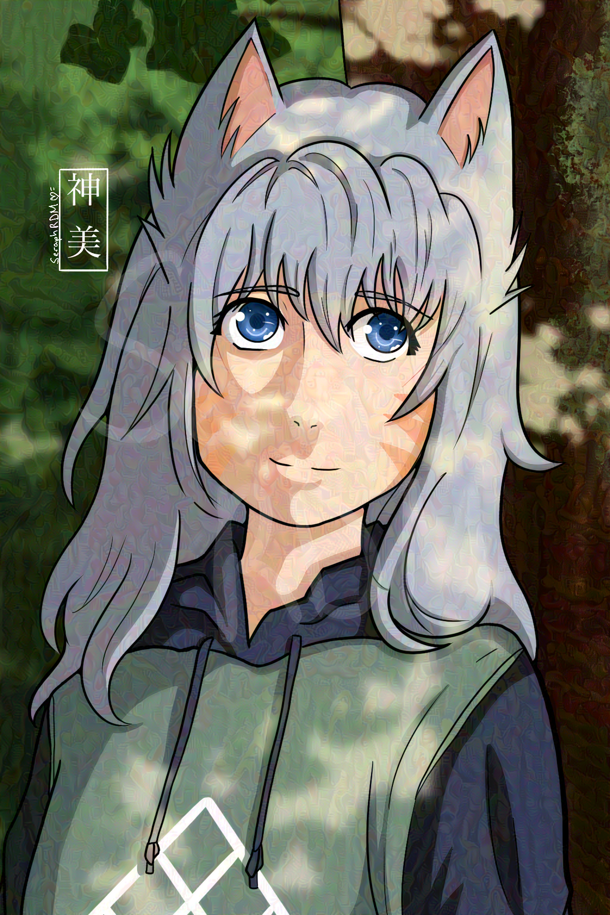 A portrait of Inarora Beservera with her back against a tree in a sun-dappled forest. She has long, silver hair with a pair of cat ears perched atop her head, and her blue eyes are gazing to the side as she gives a wry smile. 