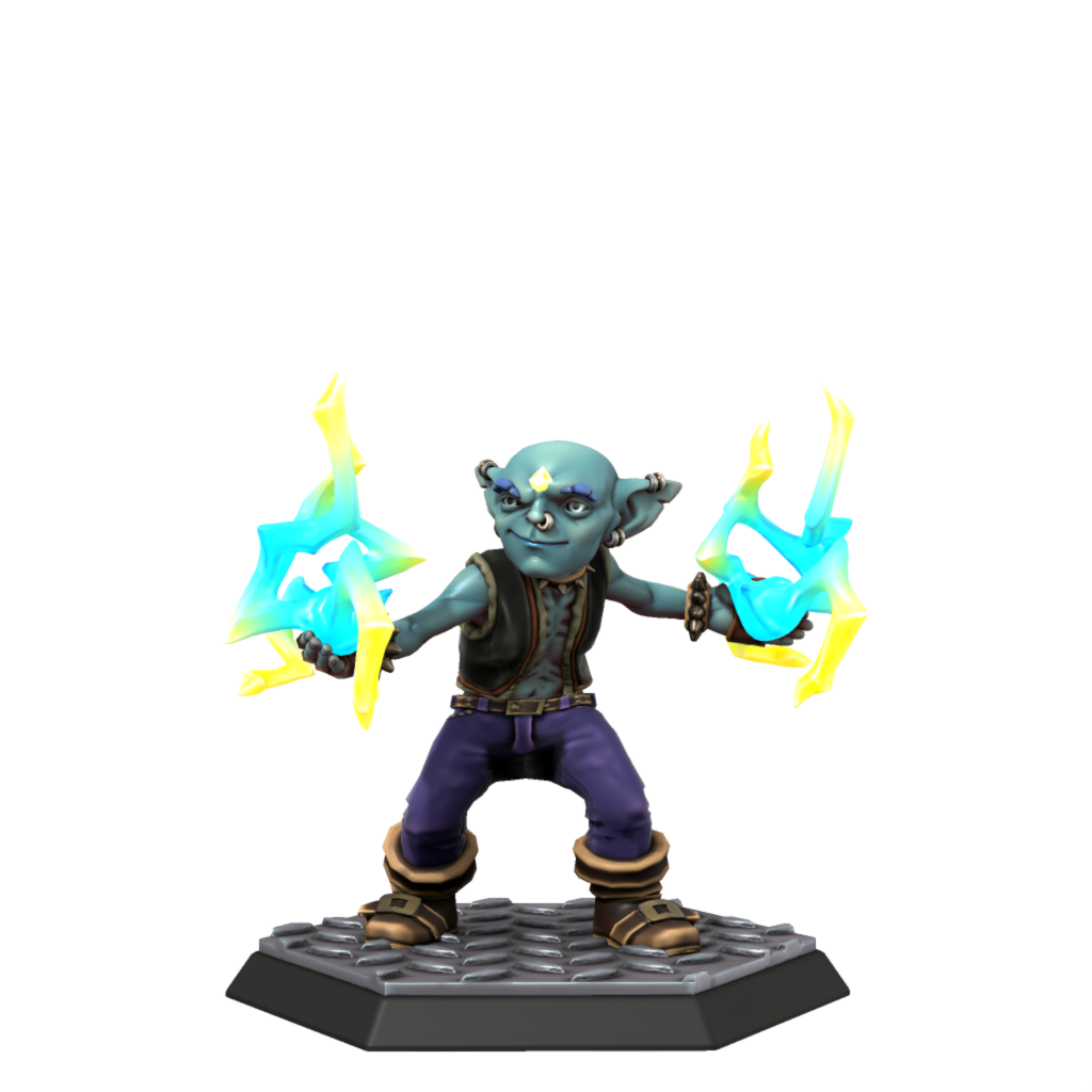 A blue goblin with lightning in his hands.
