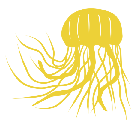 A yellow silhouette of a jellyfish