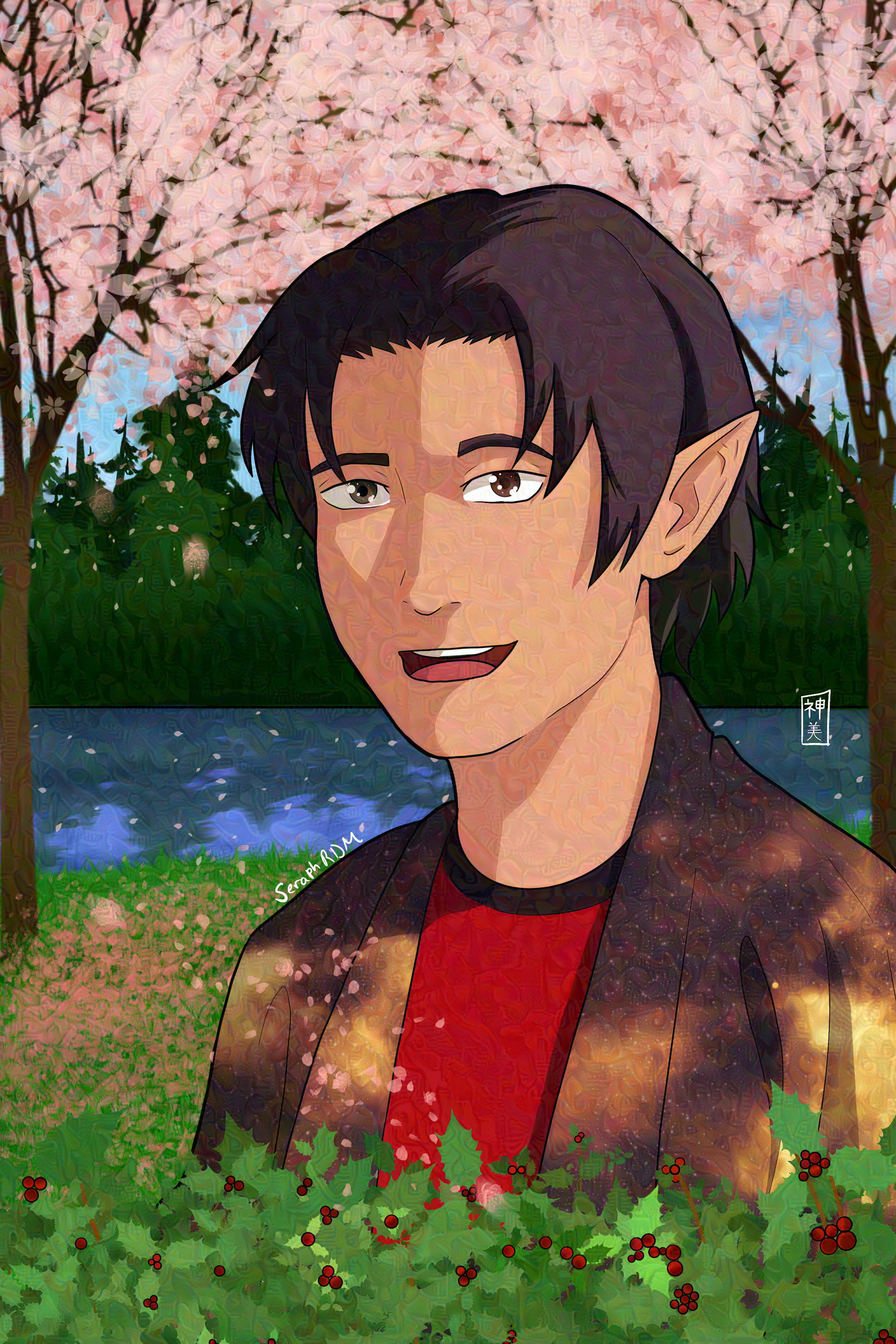 A portrait of Damyien, a Hosekian elf with short, dark brown hair. He has heterochromia and his left eye is golden brown while his right is a jade green. Behind him is a pair of cherry blossom trees. In front of him is a holly bush plant.