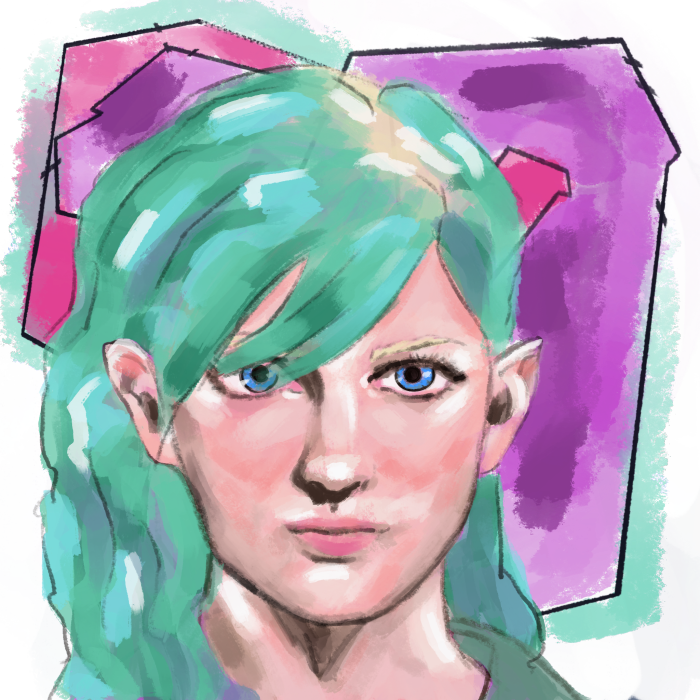 oil portrait of young girl with teal hair. 