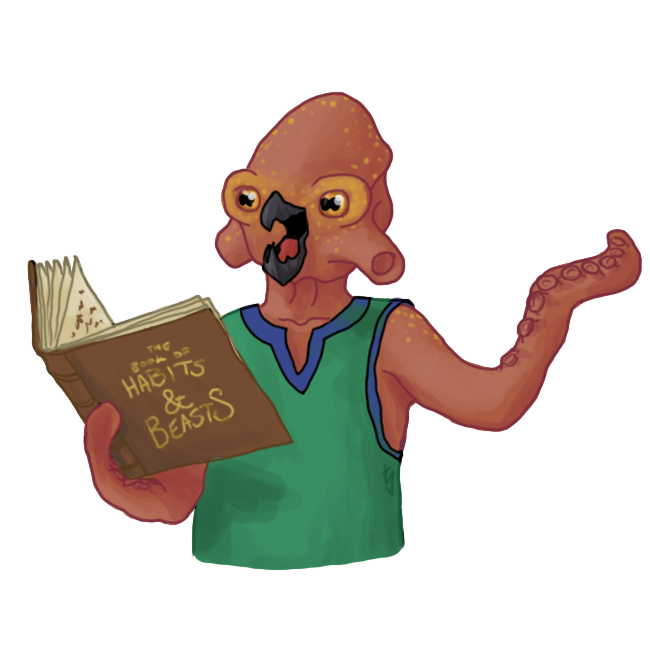 Picture of Veld, a societarian of octopus phenotype, holding his Book of the Habits and Beasts